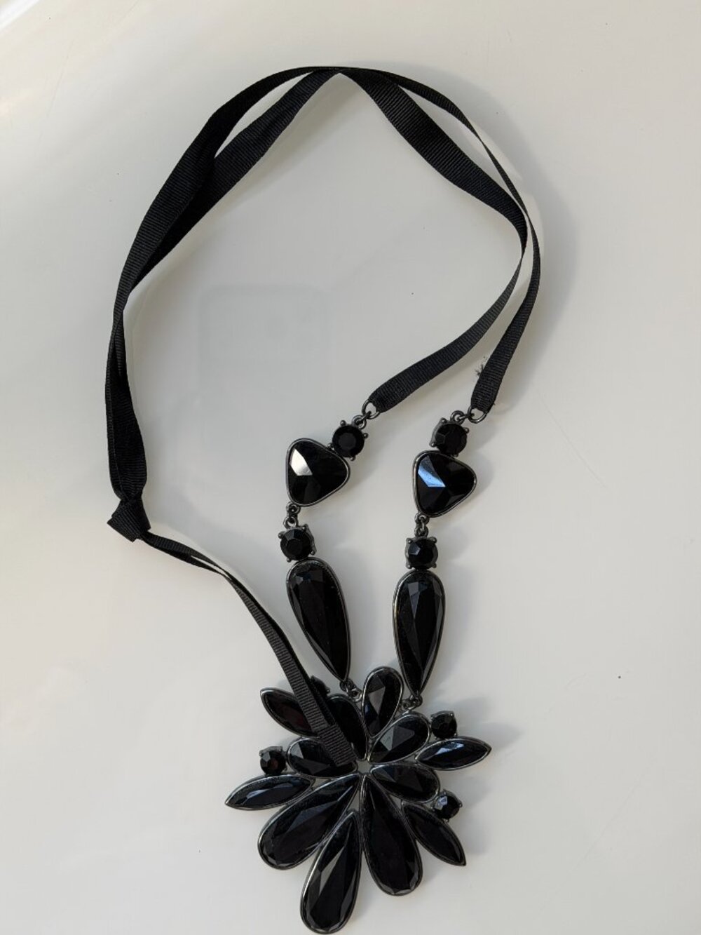 Ribbon Tie Necklace With Black Crystal Stones